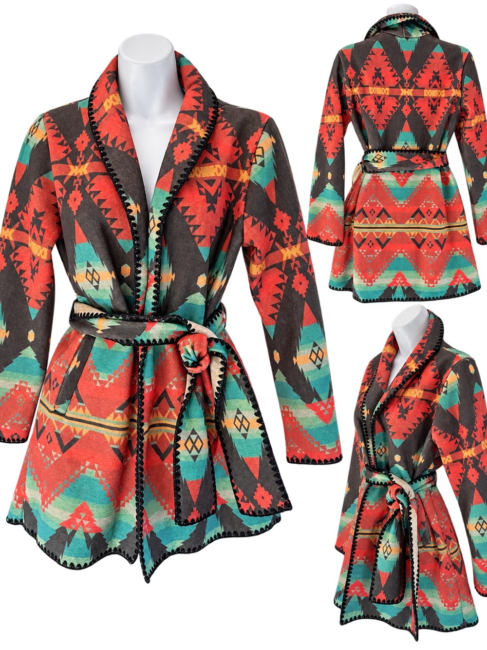 Fashion Focus Southwestern Tribal Belted Wrap Jacket – Size M